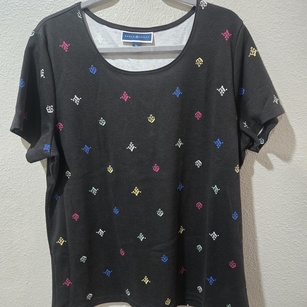 Karen Scott Women's Black Tee with Colorful Accents